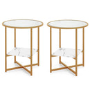 2-Tier Glass End Table Set of 2 with Faux Marble Storage Shelf-White
