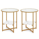 2-Tier Glass End Table Set of 2 with Faux Marble Storage Shelf-White by LJGDeals