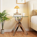 Glass Side Table Square End Table with Tempered Glass Top and Metal X Base-Silver