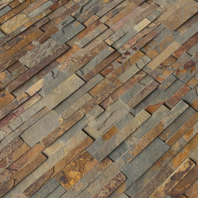 Gold rush splitface ledger panel 6X24 natural slate wall tile LPNLSGLDRUS624 product shot multiple tiles angle view