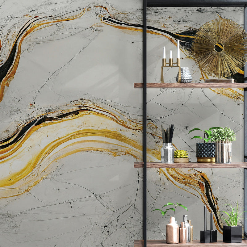 Luxurious Marble Wallpaper. Gold and Black Marble Slate Wall Mural.