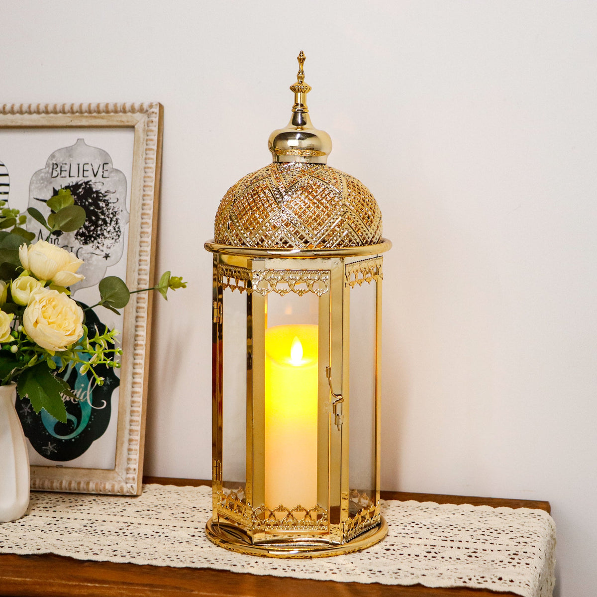 Moroccan Candle Lantern 17'' Gold Hexagonal Candle Holder, photo 5 of 6