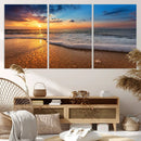 Golden Sunset Beach Waves Canvas Print, Triptych Canvas Wall