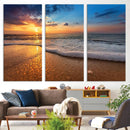 Golden Sunset Beach Waves Canvas Print, Triptych Canvas Wall