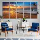 Golden Sunset Beach Waves Canvas Print, Triptych Canvas Wall