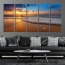 Golden Sunset Beach Waves Canvas Print, Triptych Canvas Wall