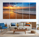 Golden Sunset Beach Waves Canvas Print, Triptych Canvas Wall