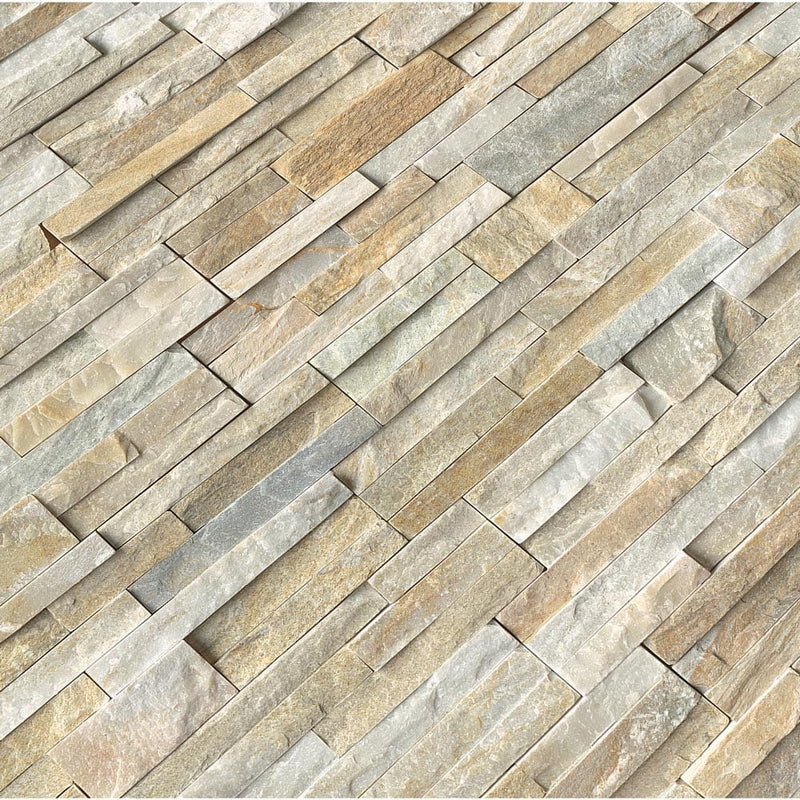 Golden honey splitface ledger panel 6X24 natural quartzite wall tile LPNLQGLDHON624 product shot multiple tiles angle view