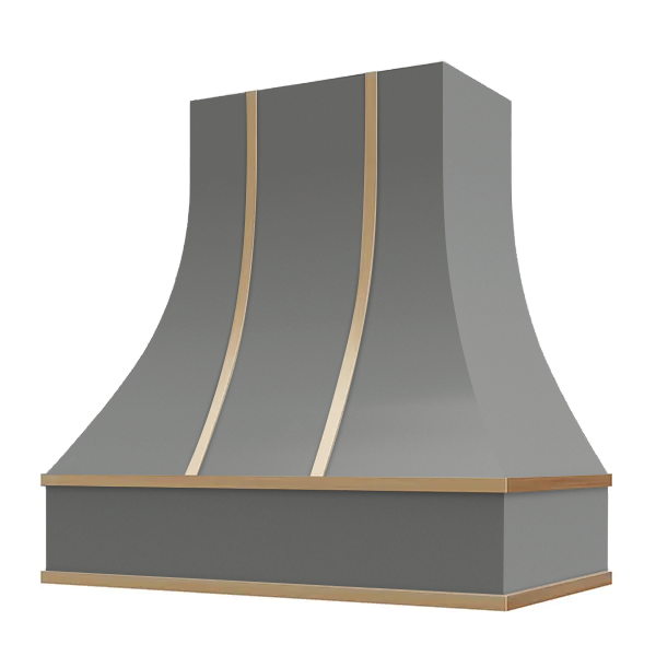 Grey Range Hood With Curved Front, Brass Strapping and Block Trim - 30", 36", 42", 48", 54" and 60" Widths Available