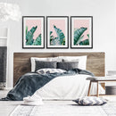 Green Banana Leaves on Pink. Tropical Triptych by Wall Art Set