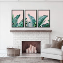 Green Banana Leaves on Pink. Tropical Triptych by Wall Art Set