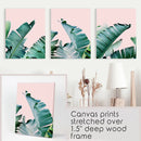 Green Banana Leaves on Pink. Tropical Triptych by Wall Art Set