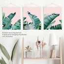 Green Banana Leaves on Pink. Tropical Triptych by Wall Art Set