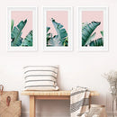 Green Banana Leaves on Pink. Tropical Triptych by Wall Art Set