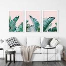 Green Banana Leaves on Pink. Tropical Triptych by Wall Art Set