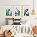 Green Banana Leaves on Pink. Tropical Triptych by Wall Art Set