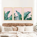 Green Banana Leaves on Pink. Tropical Triptych by Wall Art Set