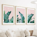 Green Banana Leaves on Pink. Tropical Triptych by Wall Art Set