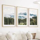 Green Pine Tree Forest. Blue Foggy Mountains. Set of 3 Prints by Wall Art Set