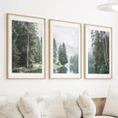 Green Forest River with Trees and Mountain. 3 Piece Wall Art by Wall Art Set