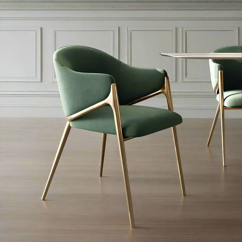 Set of 2 Gold Metal and Green Dining Chair, Postmodern Luxury Fabric Arm Chairs for Dining room, Kitchen