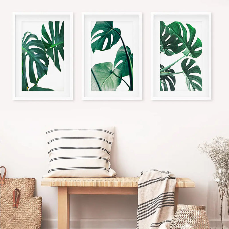 3 Piece Green Monstera Leaf Print Set. Tropical Decor