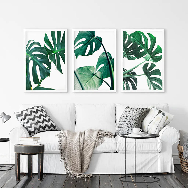 3 Piece Green Monstera Leaf Print Set. Tropical Decor