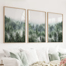 Minimalist Set of 3 Green Misty Mountain Forest Prints by Wall Art Set