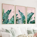 Green Banana Leaves on Pink. Tropical Triptych by Wall Art Set