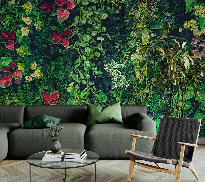 Greenery Jungle Bush Wallpaper Mural. Tropical Leaves / Fern Wallpaper.