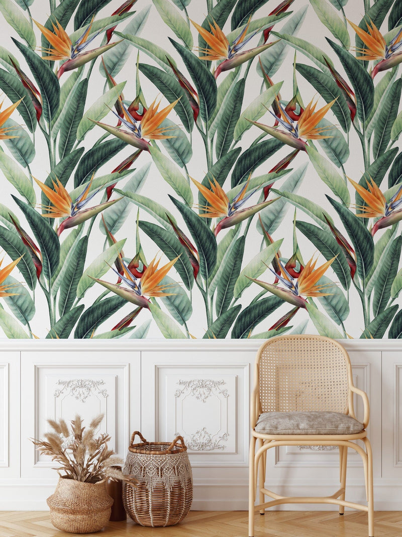 Tropical Banana Leaf & Bird of Paradise Wallpaper