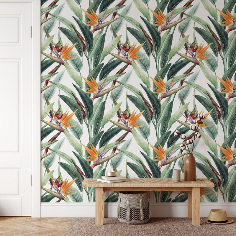 Tropical Banana Leaf & Bird of Paradise Wallpaper