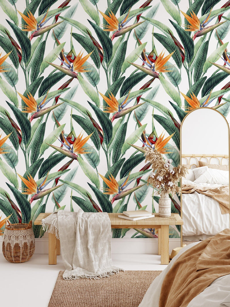 Tropical Banana Leaf & Bird of Paradise Wallpaper