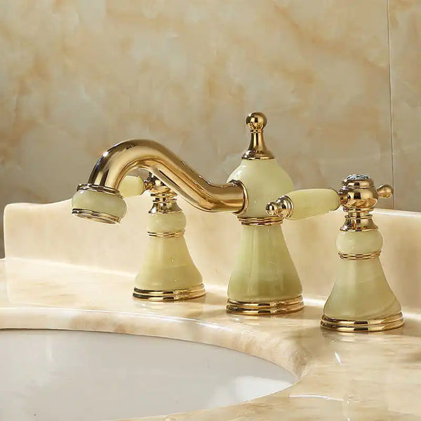 GobekUsa Gold Brass Jade 3 Hole Widespread Basin Faucet with Double Handle, photo 2 of 16