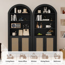 Tall Arched Wood Bookcase with Rattan Doors & Adjustable Shelves