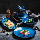 GobekUsa Japanese Blue Ceramic Tableware Set - Rice Bowl, Plate, Spoon, Udon Ramen Bowl, Soup Dish