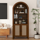 Tall Arched Wood Bookcase with Rattan Doors & Adjustable Shelves