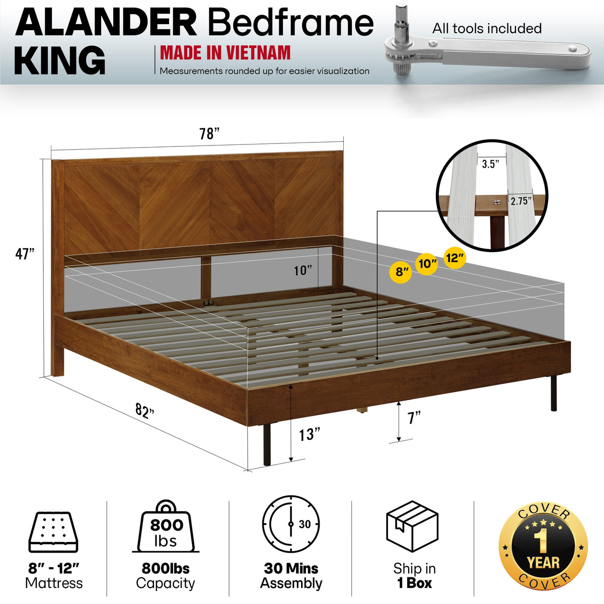 Alander Solid Wood Bed Frame, dimensions drawing
