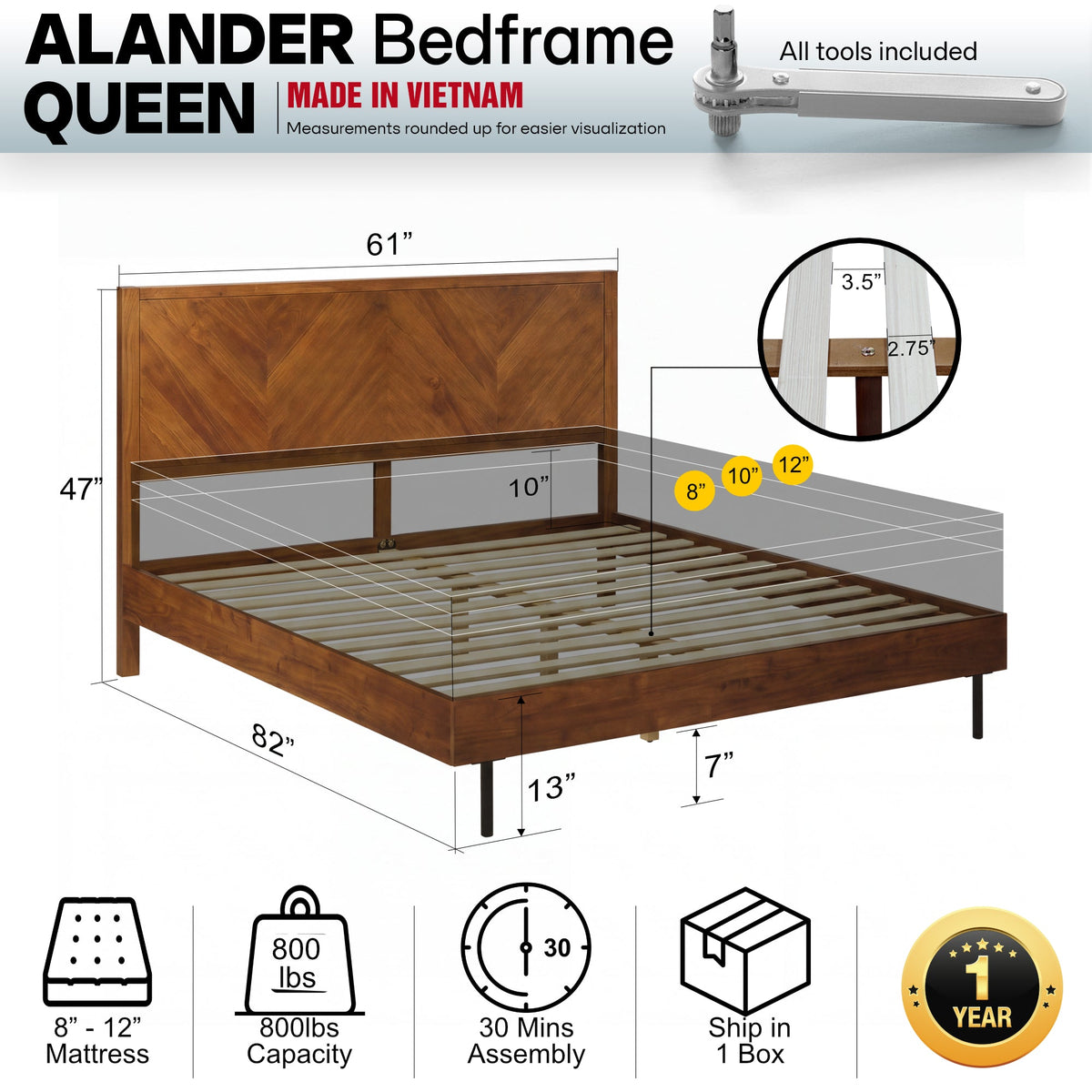 Alander Solid Wood Bed Frame, dimensions drawing