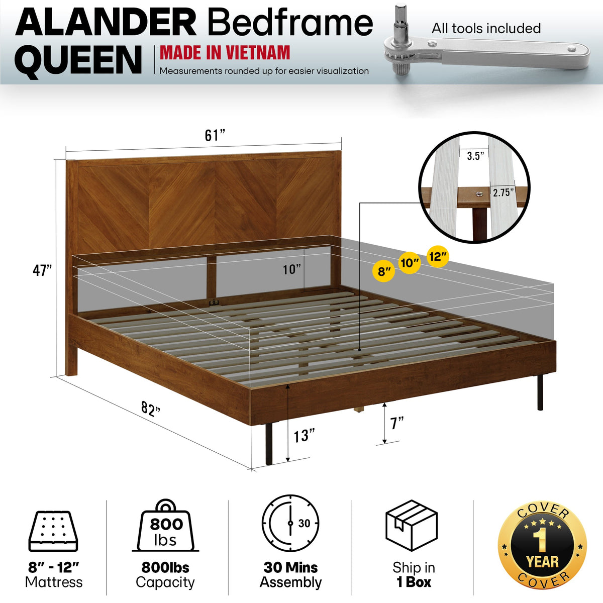 Alander Solid Wood Bed Frame, dimensions drawing