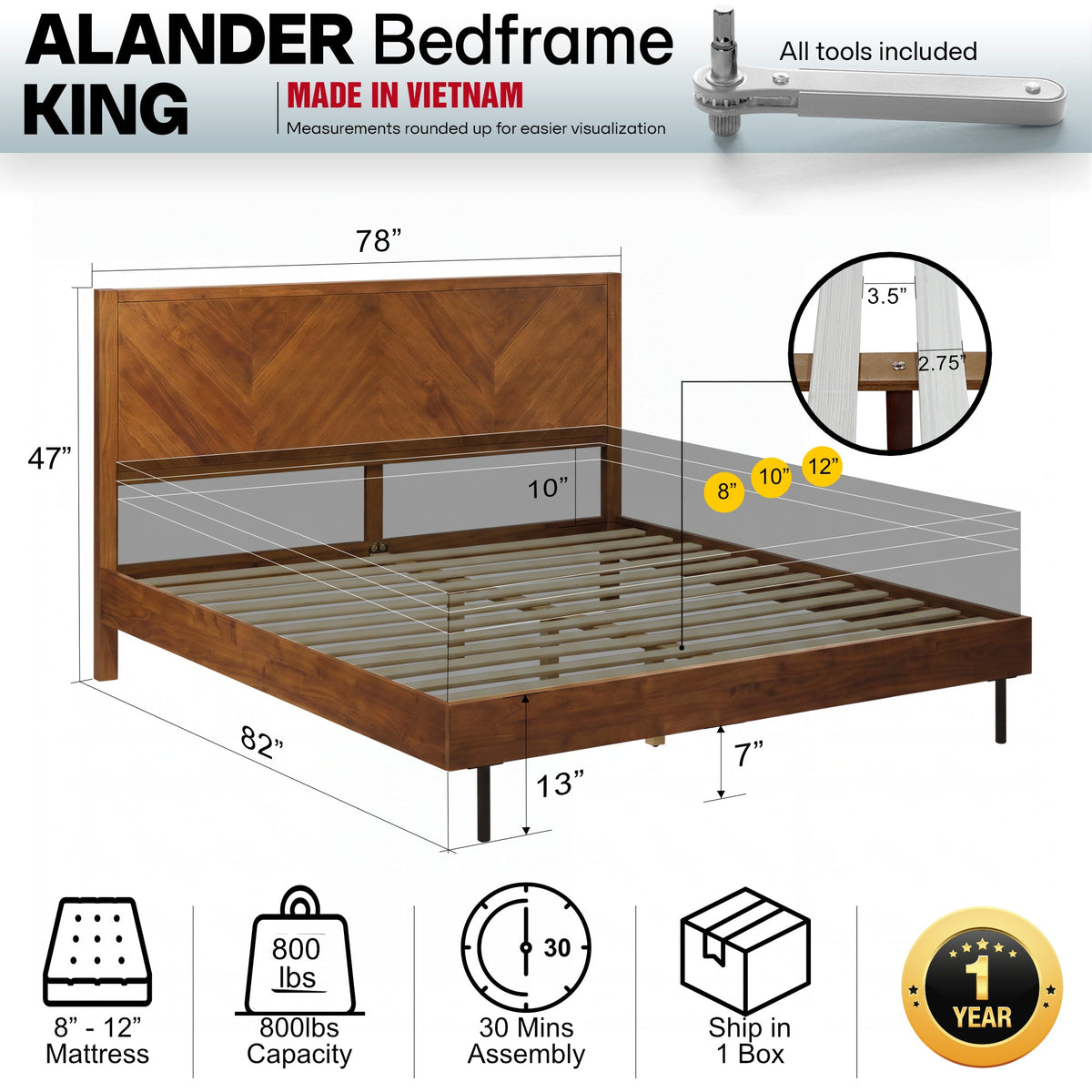 Alander Solid Wood Bed Frame, dimensions drawing