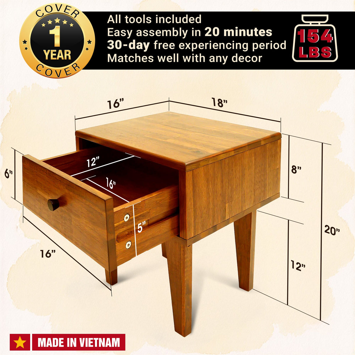 Sofia Solid Wood Nightstand, dimensions drawing