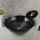 GobekUsa Black Glass Bathroom Sink Set with Hand Painted Design & Waterfall Faucet