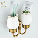 GobekUsa Brass Double Cup Holder with Glass Tumbler - Bathroom Toothbrush Cup Holder