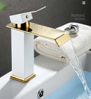 GobekUsa Gold White Waterfall Brass Bathroom Basin Faucet Mixer Tap Hot Cold Sink