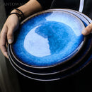 GobekUsa Blue Ceramic Round Plate - Commercial Steak Dish Wholesale