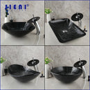 GobekUsa Black Glass Bathroom Sink Set with Hand Painted Design & Waterfall Faucet