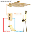 GobekUsa Gold Rainfall Shower System with Wall Mount Mixer Tap Set