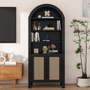 Tall Arched Wood Bookcase with Rattan Doors & Adjustable Shelves