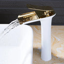 GobekUsa Gold Waterfall Bathroom Basin Faucet, White Mixer Tap Hot Cold Sink Plugin